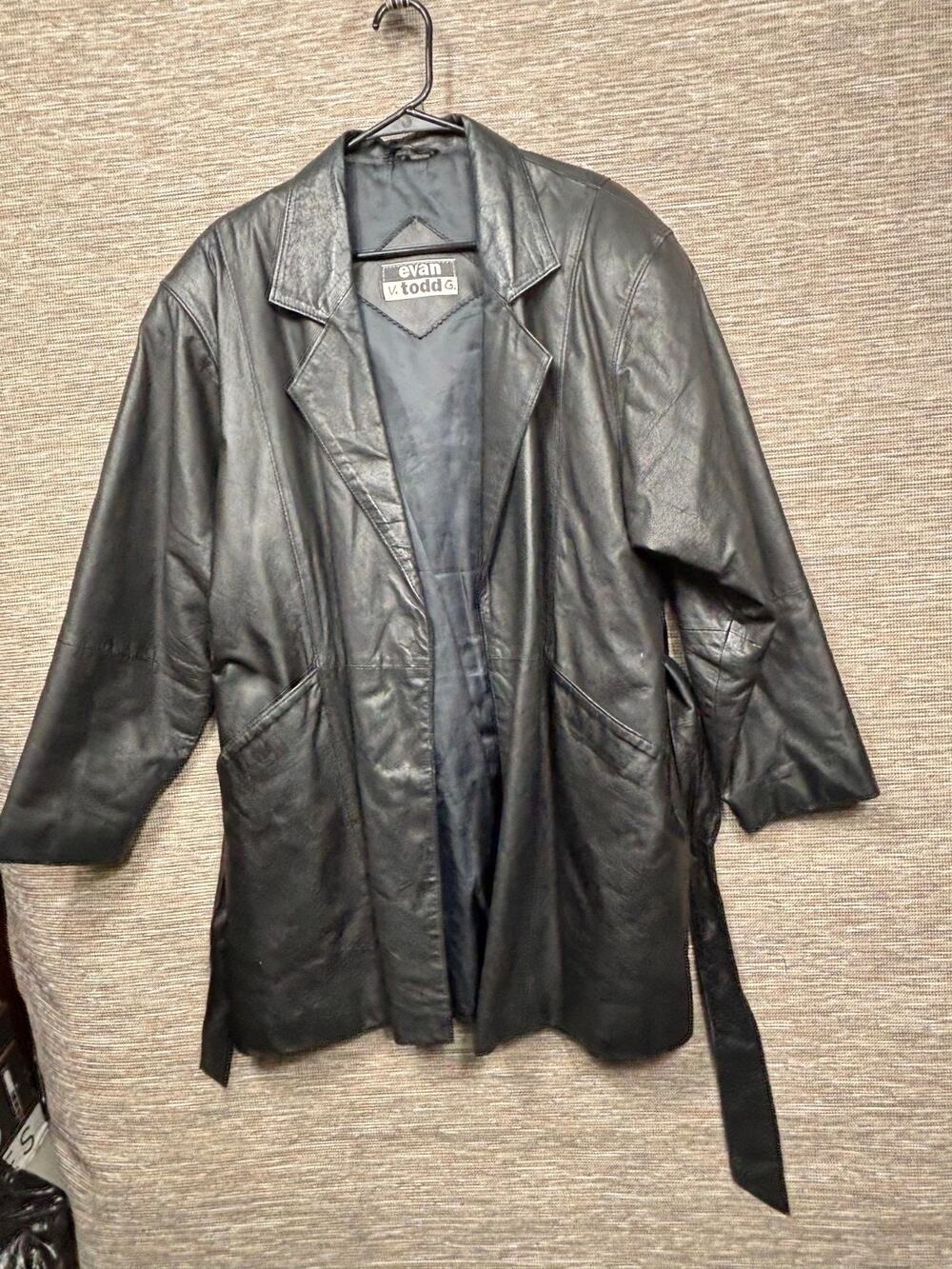 VTG Evan Todd Genuine Leather Trench Coat Jacket Womens Size L Black Belted